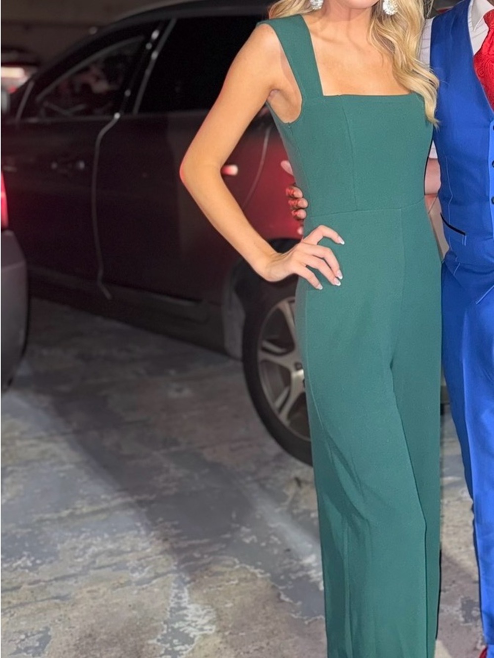 Lulu's Emerald Green Square-Neck Wide-Leg Jumpsuit, Worn Once